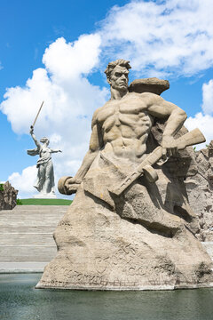 Volgograd, Russia - May 17 2022: Square to Those who Fought to Death on Mamayev Kurgan and statue The Motherland calls