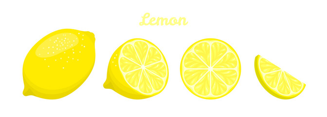Lemon in flat style. Lemons slices, half and whole fruit. Green citrus fruit isolated vector illustration set. Juicy, juice vitamin and organic.