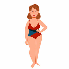A female character in a swimsuit. Chubby European girl in full growth. Vector illustration in a flat style, isolated on a white background.