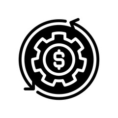 Money management black glyph icon. Achieve financial success. Cash transformation. Budget planning. Payment collection. Silhouette symbol on white space. Solid pictogram. Vector isolated illustration