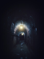 Illuminated by lamps old dark wet underground tunnel or corridor in form of arch.