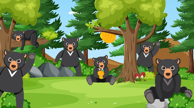 Black bears in the forest scene