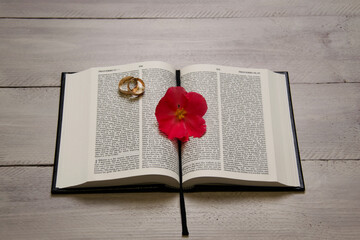 Open Bible with beautiful red flower and wedding rings