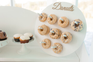 Serving decorated donuts with filling and chocolate sprinkles and creamy cupcakes on tray, white background. Sweet dessert, event celebration. Homemade pastry, delicious food, beautiful service