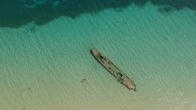 Panoramic aerial view over the shipwreck in Divari beach near Navarino bay, Gialova. It is one of the best beaches in mediterranean Europe located in Messinia, Greece