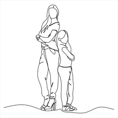 One line drawing of a young happy mother holding her daughter's hand. Mother playing together with her baby at home, isolated on white background. The concept of family fatherhood. Vector illustration