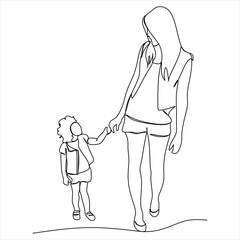 One line drawing of a young happy mother holding her daughter's hand. Mother playing together with her baby at home, isolated on white background. The concept of family fatherhood. Vector illustration