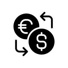 Currency exchange black glyph icon. Foreign cash. Currency converter. Global trade market. Spend money in new country. Silhouette symbol on white space. Solid pictogram. Vector isolated illustration