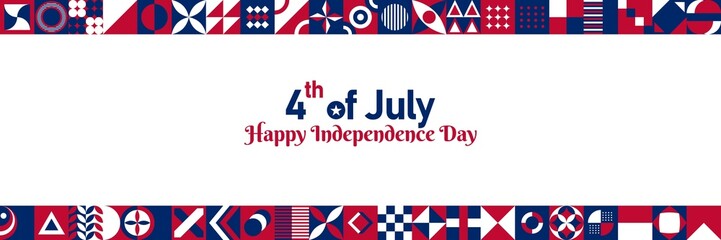 Happy 4th of July Abstract Independence Day Background. Freedom Day Annual American holiday celebration poster. Horizontal website header banner vector illustration. Neo Geometric pattern concept art