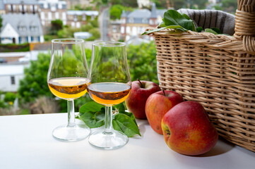Tasting of strong alcoholic drink calvados made from apples in Normandy, Calvados region, France