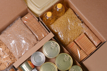 Donations food with canned food.Food set for the needy and volunteering. Relief Funds...