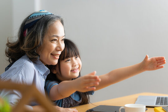 Happy Moments Of Granddaughter Smile While Father Back From Work Family Concept.