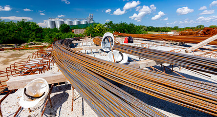 Metal reinforcing mesh, steel bars stacked for construction