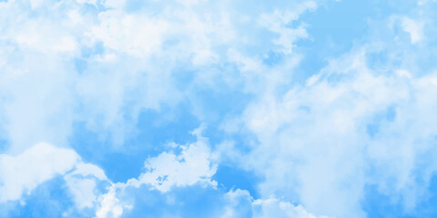 Blue skies with white clouds background. Romantic sky. Abstract nature background of romantic summer blue sky with fluffy clouds. Beautiful puffy clouds in bright blue sky in day sunlight.><