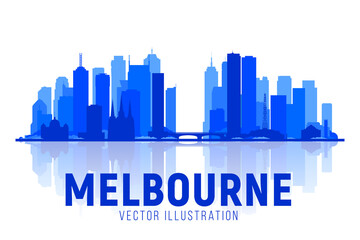 Obraz premium Melbourne Australia skyline silhouette vector illustration. White background with city panorama. Travel picture. Image for Presentation Banner Placard and Web Site.