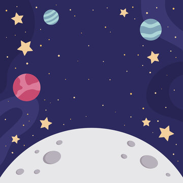 Space planet, stars and moon background. Cartoon space landscape. Flat cartoon vector illustration.