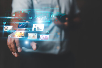 business man presenting graphics metaverse 5G world cyber business in business technology concept of online digital processing