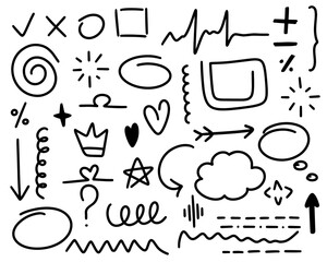 Hand drawn design elements doodle style set. Arrows, brush strokes, highlighters, signs and symbols isolated black on white background. Simple sketch accents for text vector illustration