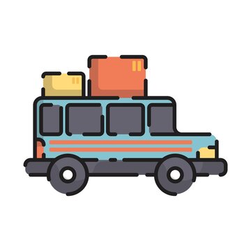 Cute Travel Car with Boxes on top Flat Design Cartoon for Shirt, Poster, Gift Card, Cover, Logo, Sticker and Icon.