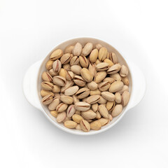 ceramic bowl of unpeeled pistachio isolated on white background