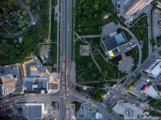 Aerial look down streets crossroad in Kharkiv city