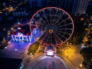 Aerial evening Ferris wheel, Kharkiv Central Park