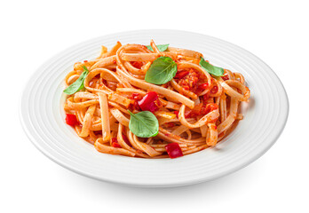 Italian traditional linguini pasta with tomatoes, pepper and basil is isolated on a white background. Side view.