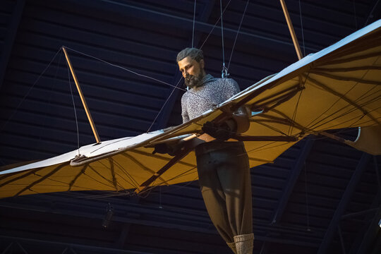London, UK - 17 January, 2022 - Model of Otto Lilienthal and his flying machine at Science Museum 