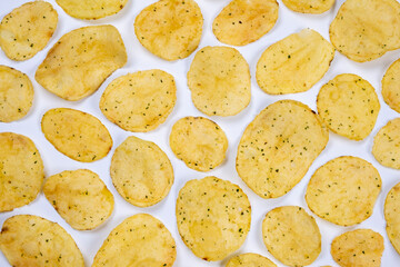 white background with potato chips close up .fashion,food background 