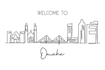 One continuous line drawing of Omaha city skyline, Nebraska. World beautiful landscape tourism and travel vacation for wall decor print. Stylish single line draw graphic design vector illustration - obrazy, fototapety, plakaty
