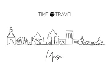 Fototapeta premium Single continuous line drawing of Mesa city skyline, Arizona, United States. Famous city for wall decor print. World travel concept. Editable stroke modern one line draw design vector illustration