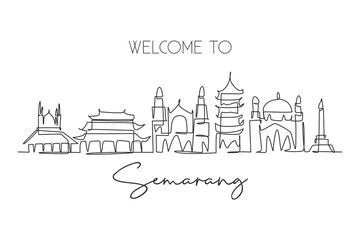 Single continuous line drawing of Semarang city skyline, Central Java Indonesia. Famous city for wall decor print. World travel concept. Editable stroke modern one line draw design vector illustration