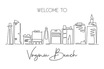 Fototapeta na wymiar One single line drawing of Virginia Beach city skyline, USA. Town landscape for home wall decor poster. Best holiday destination. Trendy continuous line draw graphic design vector illustration