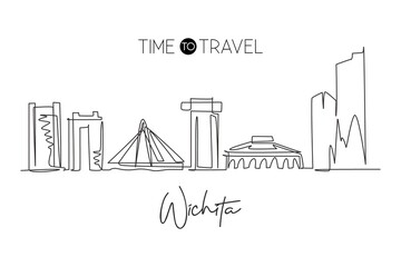 One continuous line drawing of Wichita city skyline, Kansas. World beautiful landscape tourism and travel vacation for wall decor print. Stylish single line draw graphic design vector illustration