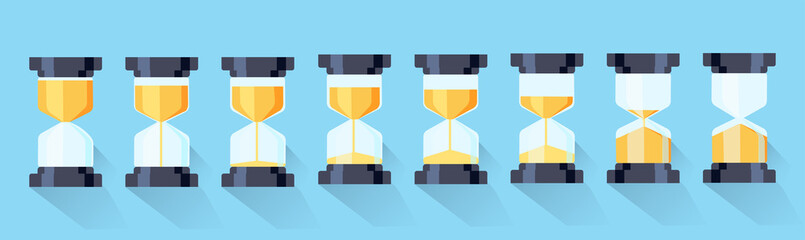 Set of flat sand glass icons. vector image. isolated on blue background. EPS10 time management concept