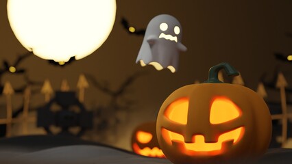 Happy halloween background with Pumpkins, ghost and halloween ornaments. 3D Rendering.
