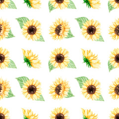 Sunflowers seamless pattern, Watercolor Meadow flowers repeat paper, Rustic bouquet scrapbook paper, textile printing, yellow background
