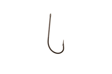 Fishing hook made of dark metal on a white background, close-up. Design element