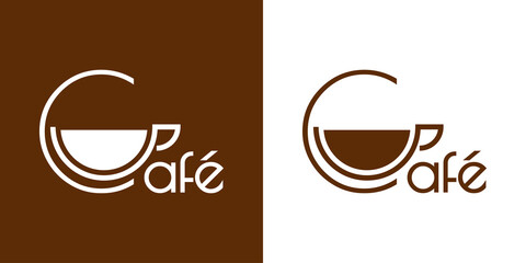 Banner con texto Café en español con letra inicial C con silueta de taza de café. Logotipo Coffee Shop. Vector con líneas en fondo marrón y fondo blanco