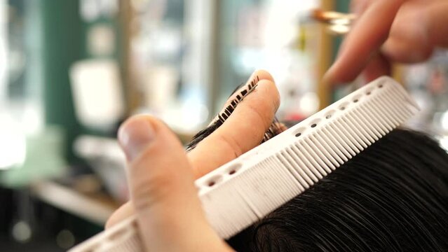 Barbershop salon working process closeups barber working with client hair