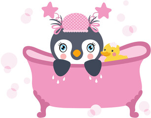 Baby girl penguin taking a bath with shower duck