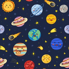 Naklejka premium Space seamless pattern with cute planet characters. Earth, Jupiter, Saturn, Venus and others. Funny childish design for fabric and wrapping paper. Vector illustration