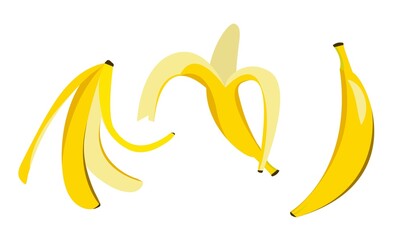 Yellow banana on white background. whole, open, banana peel. Vector illustration. White background.