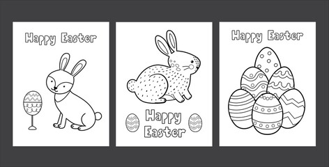Easter coloring pages set with cute bunny and eggs. Black and white spring activity pages collection for kids. Coloring book with rabbit. Vector illustration