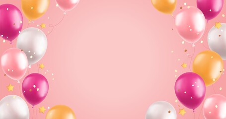 3d balloons background, realistic pink and yellow air balloons, stars and confetti on pink background. Greeting card or banner festive concept. Vector illustration