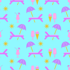 Deck chair seamless pattern. Icon ice cream, cocktail, sunshade, day-bed in flat design. Beach background with chaise longue. Design for print on fabric, wrapping paper, packaging. Vector illustration