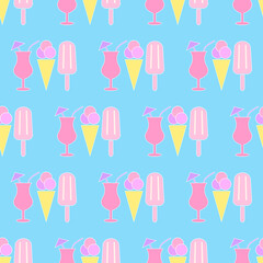 Seamless pattern with ice cream and cocktails. Flat icon ice cream with white outline. Summer background with ice cream. Design for print on fabric, wrapping paper, wallpaper. Vector illustration