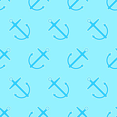 Anchors seamless pattern. Flat icon nautical elements in blue color with white outline. Sea background. Modern design for print on fabric, wrapping paper, wallpaper, packaging. Vector illustration