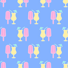 Seamless pattern with ice cream and cocktails. Flat icon ice cream with white outline. Summer background with ice cream. Design for print on fabric, wrapping paper, wallpaper. Vector illustration