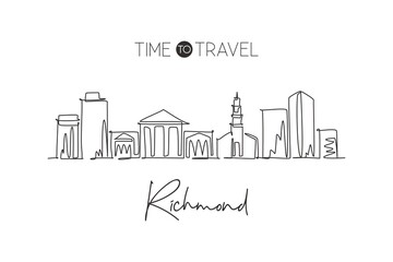Fototapeta premium Single continuous line drawing of Richmond city skyline, Virginia. Famous city scraper landscape. World travel home wall decor art poster print concept. Modern one line draw design vector illustration